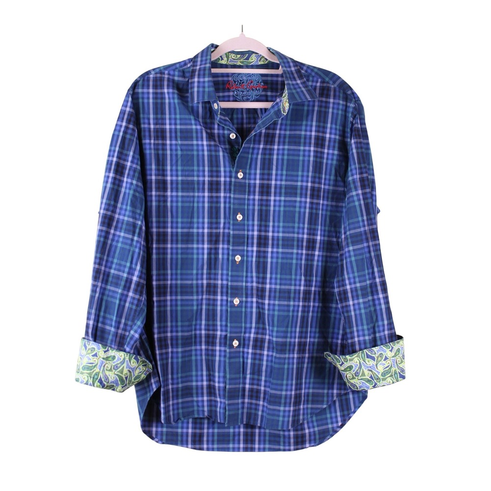 Robert Graham Upscale Casual Modern Preppy Blue Plaid Button Down Shirt XL